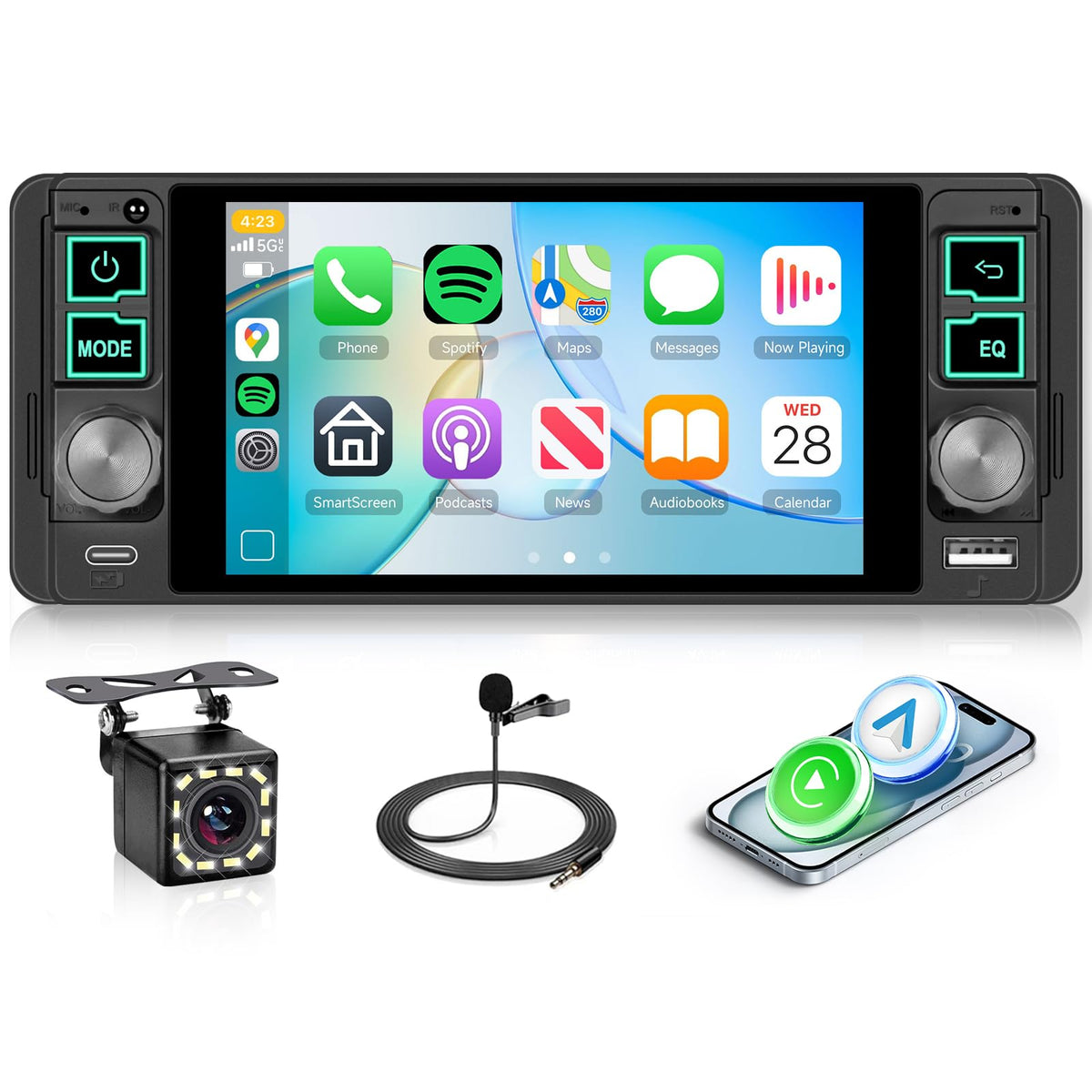 5-Inch Touchscreen Single DIN Stereo with CarPlay & Android Auto