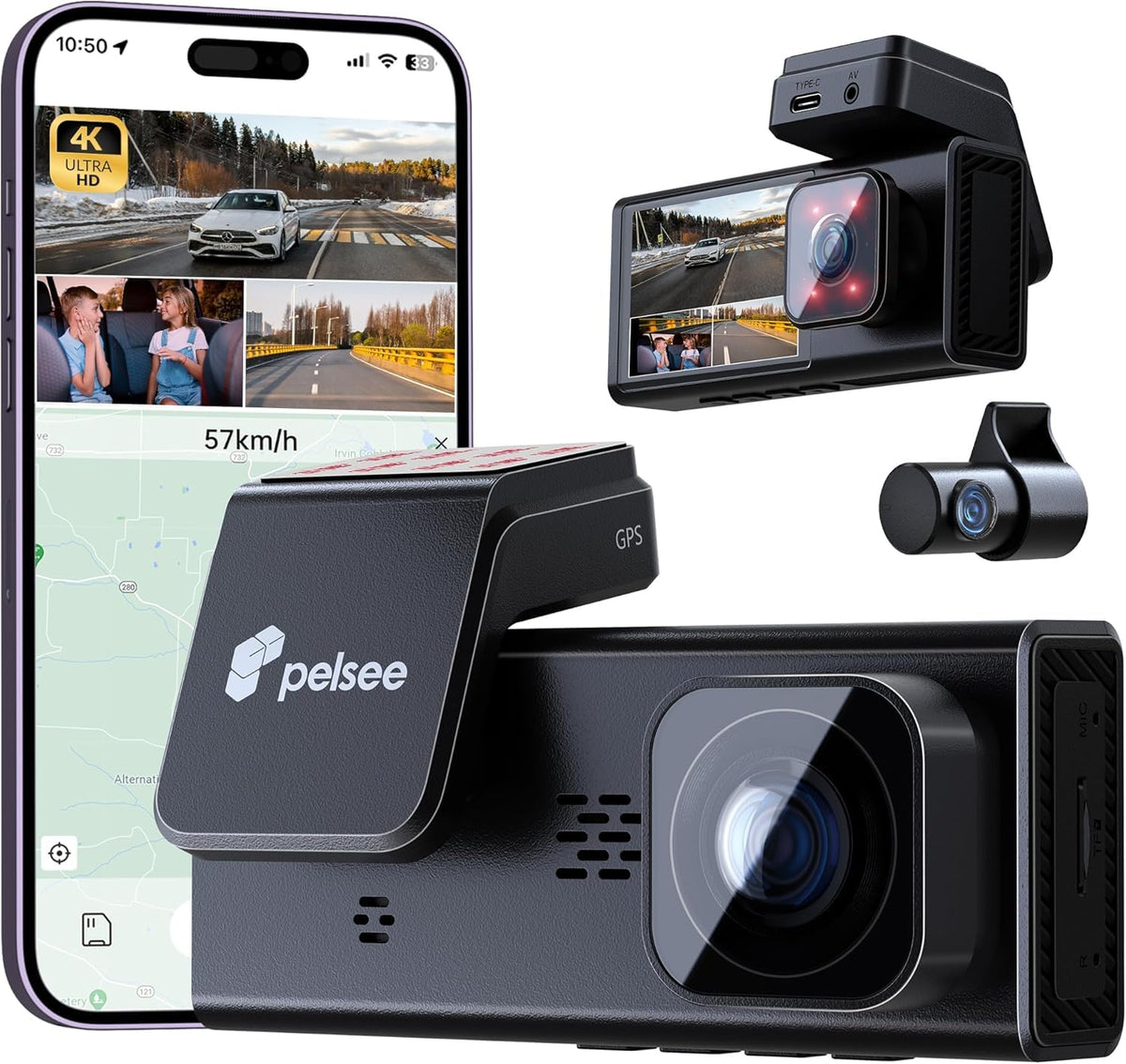 Pelsee 4K 3-Channel Dash Cam with Front Rear & Interior View