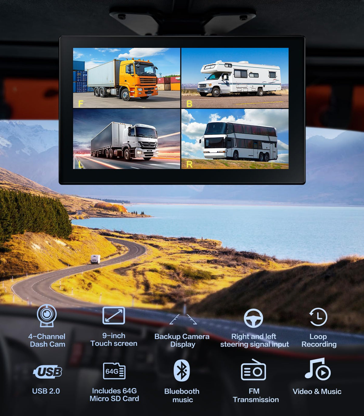4-Channel 1080P Backup Camera System for RVs & Trucks