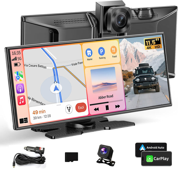 11.5" Portable CarPlay Screen with 4K Dash Cam & GPS