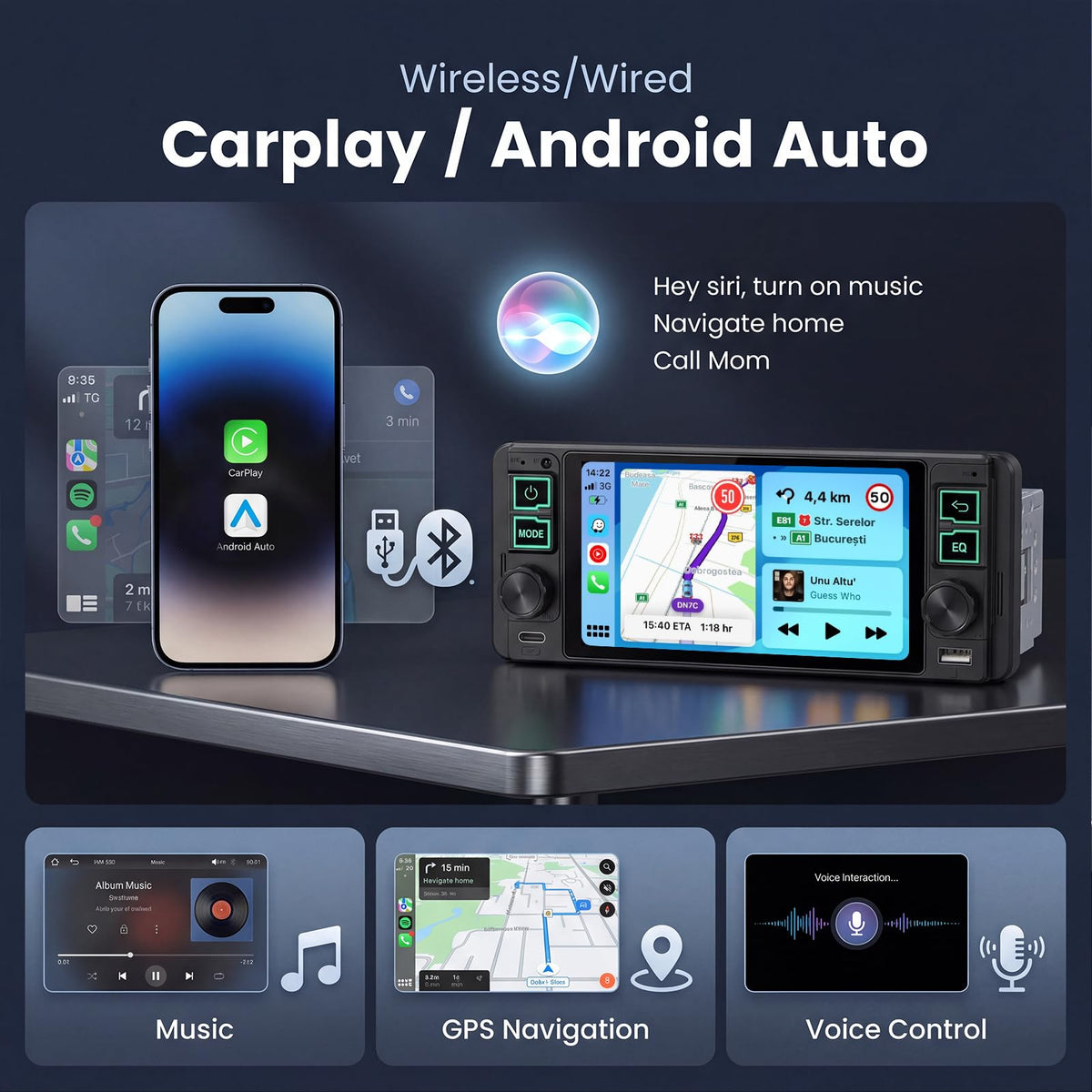 5-Inch Touchscreen Single DIN Stereo with CarPlay & Android Auto