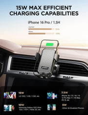 15W Wireless Car Charger Phone Mount with Auto-Clamping